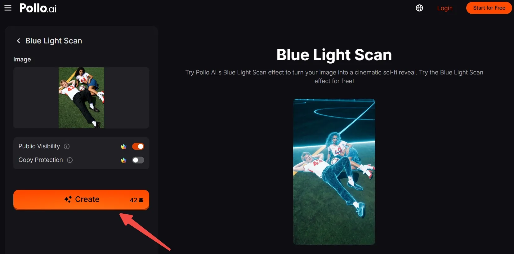 A user interface for a blue light scan effect with two people lying on grass.