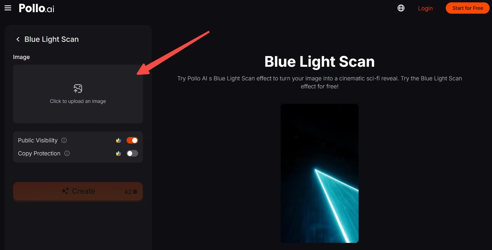 User interface for the Blue Light Scan feature with upload option.