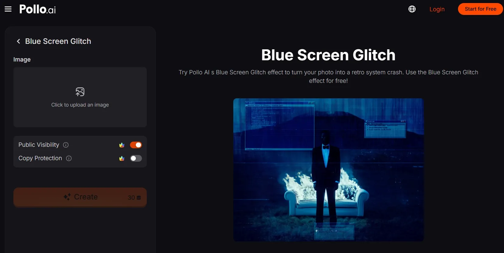 A person in a tuxedo stands by a burning couch with a blue screen glitch effect.