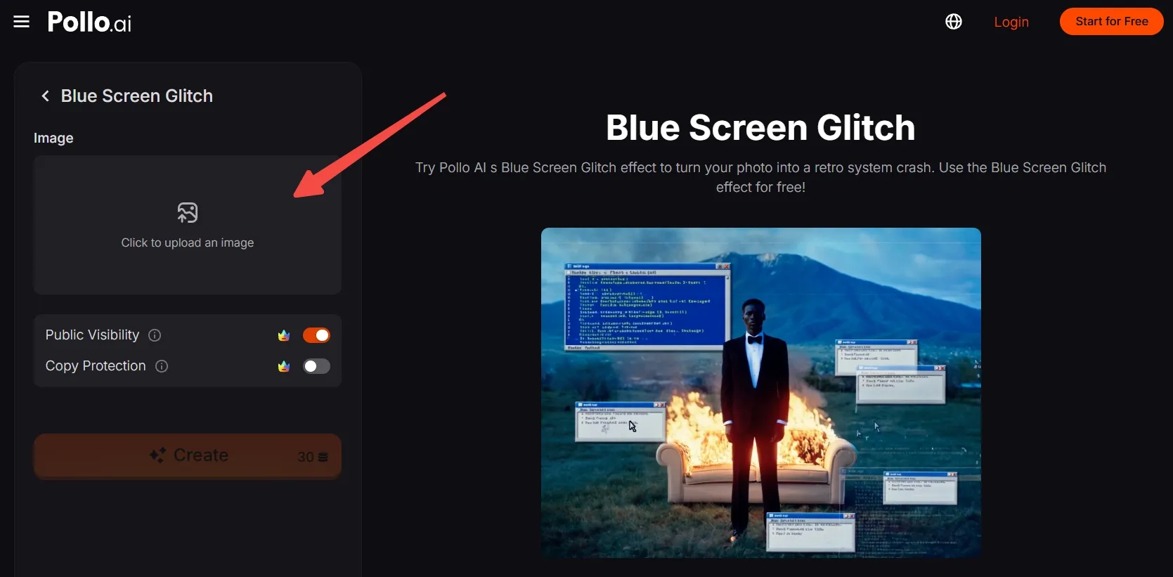 Interface for uploading an image with a blue screen glitch effect.