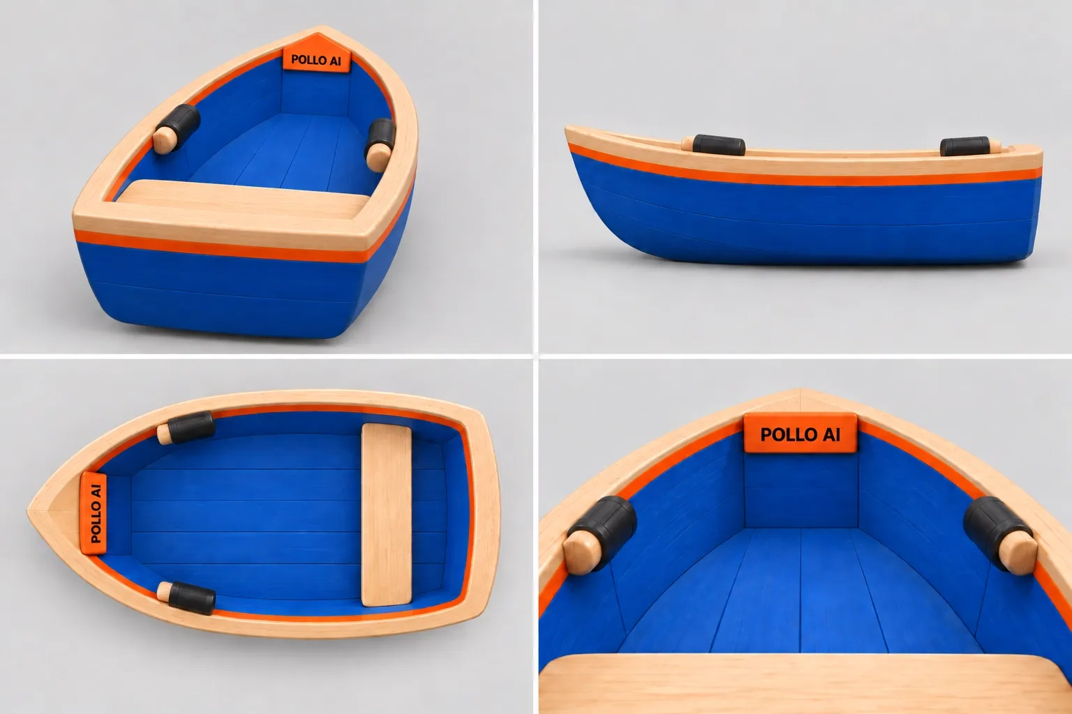 Ein blaues Holzboot mit einer Holzbank und der Aufschrift 'POLLO AI'.