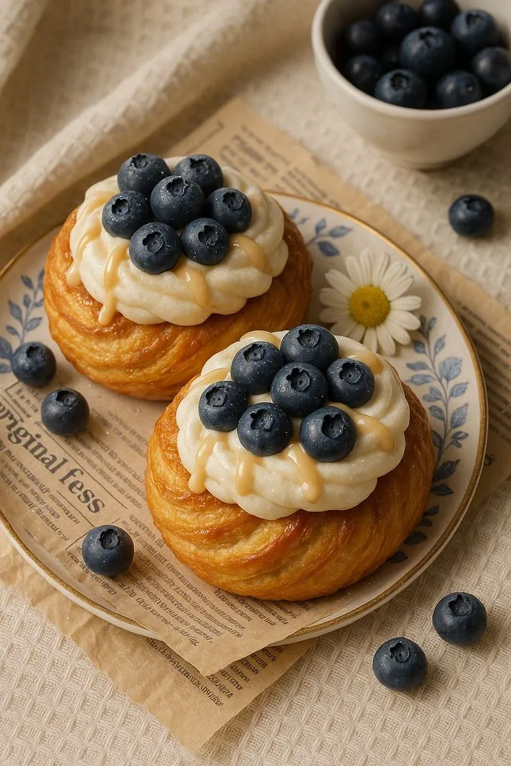 Due croissant farciti con panna e mirtilli, serviti su un piatto decorativo.