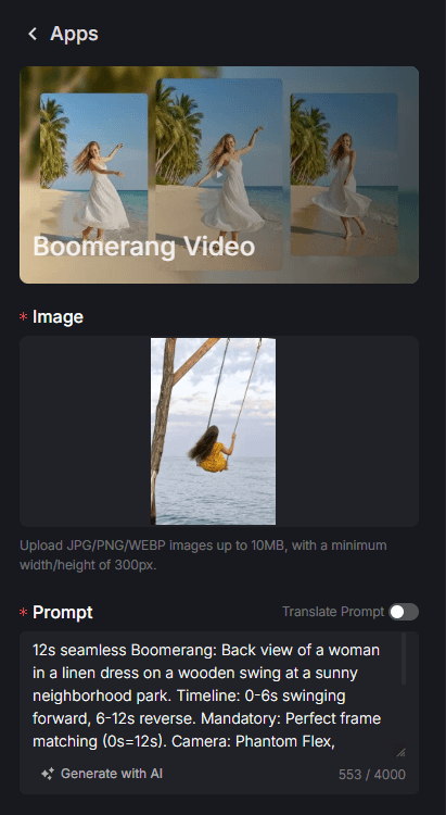 Interfaccia per la creazione di video boomerang tramite IA che mostra un'anteprima di una donna in spiaggia, un'immagine caricata di una donna su un'altalena in riva al mare e istruzioni dettagliate per la creazione di un video boomerang senza interruzioni di 12 secondi.