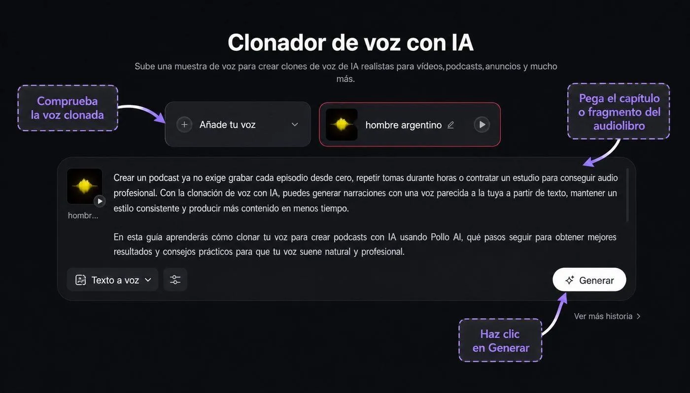 Botón para generar la narración del audiolibro con una voz clonada en Pollo AI
