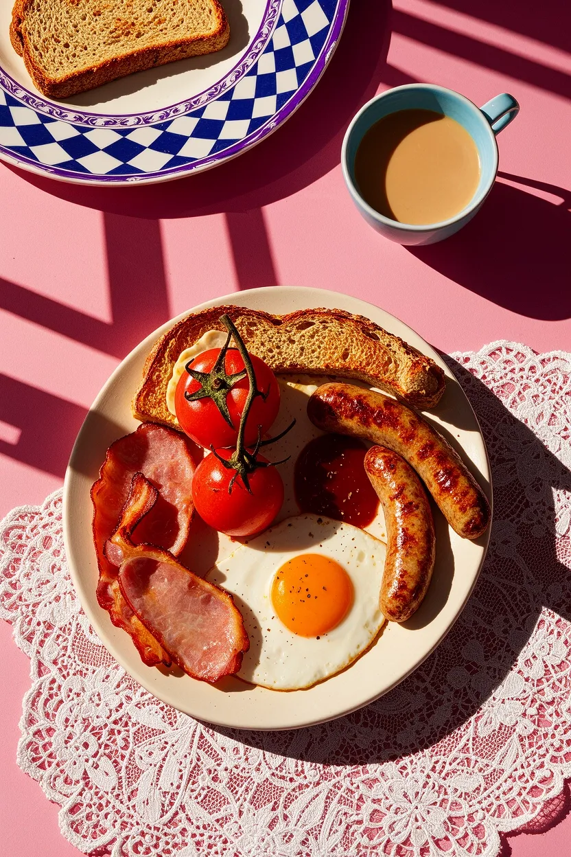 Un piatto per la colazione con salsicce, pancetta, pomodori, uova e pane tostato.