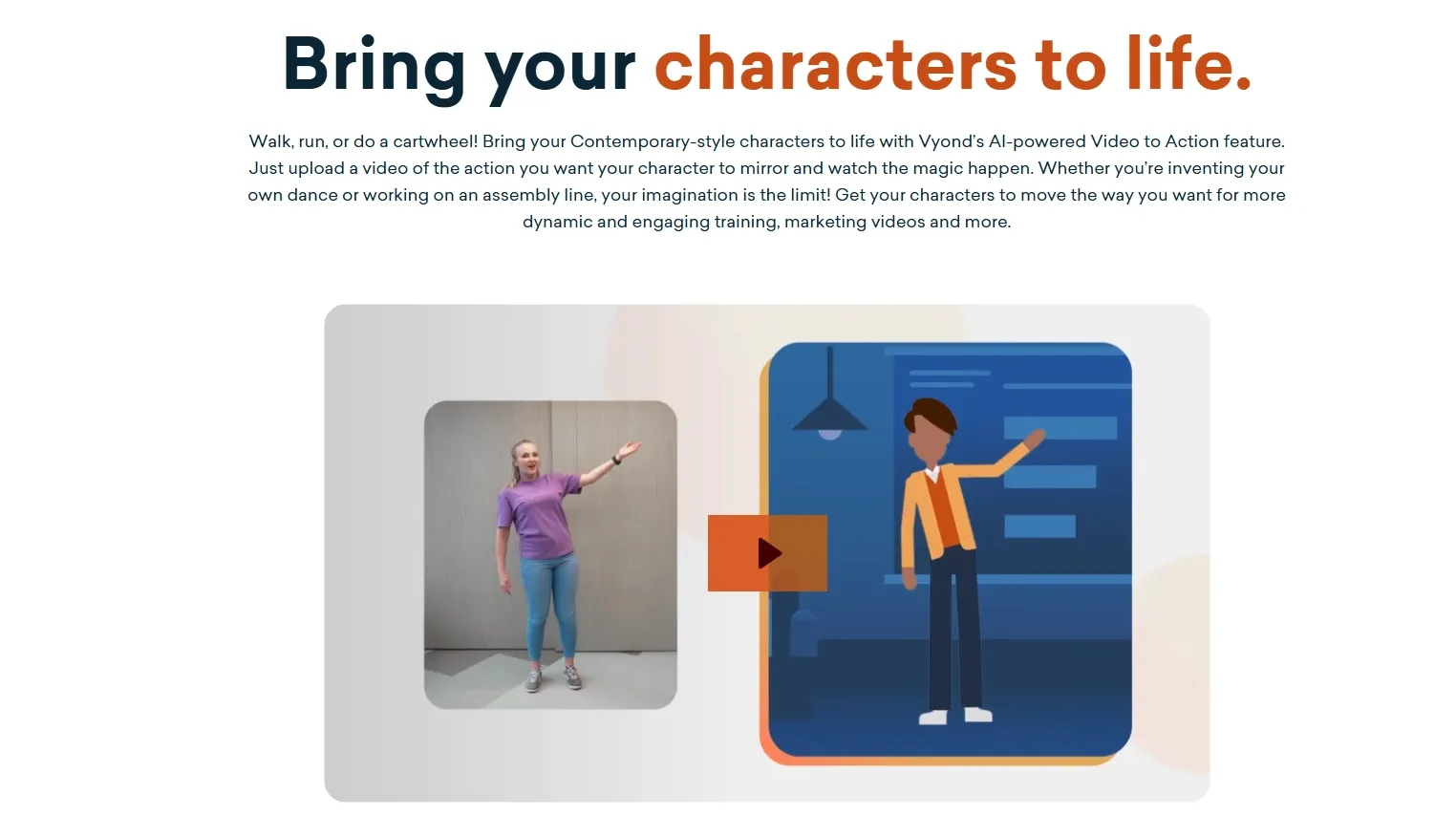 A person gestures next to an animated character in a video creation context.