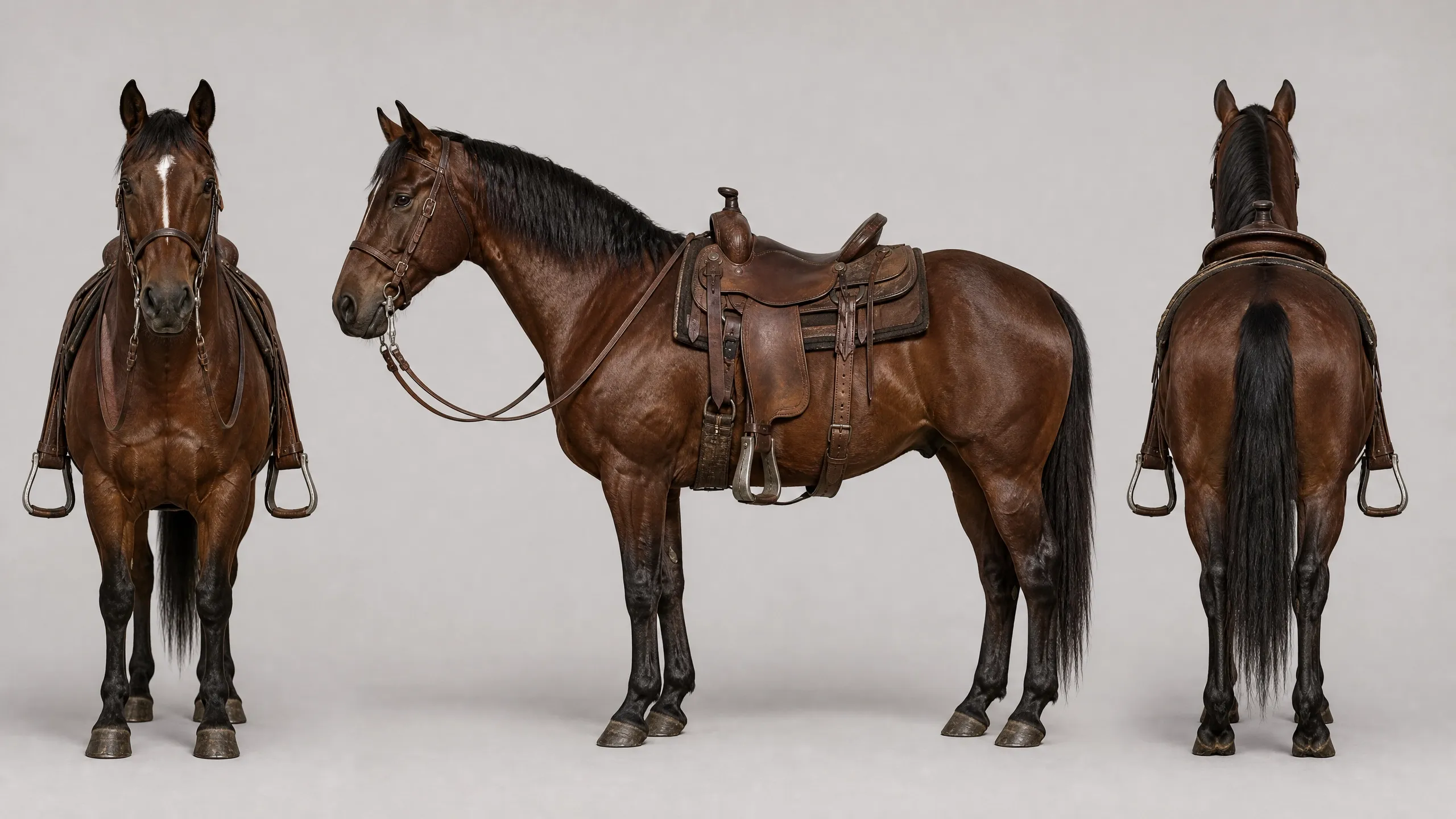 A brown horse with a saddle viewed from the front, side, and back.