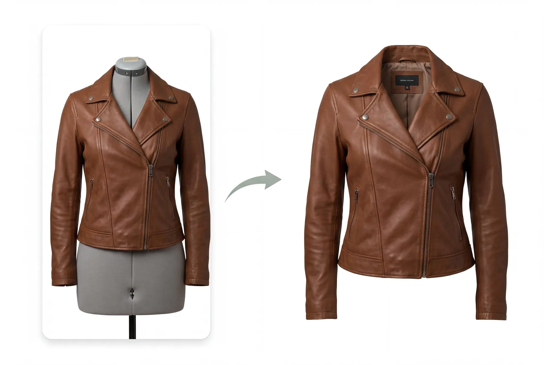 Eine braune Lederjacke, ausgestellt an einer Schaufensterpuppe und einem Model.