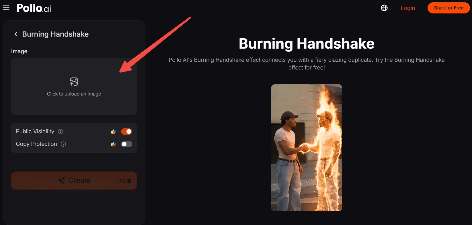 Two people shaking hands, one surrounded by flames.