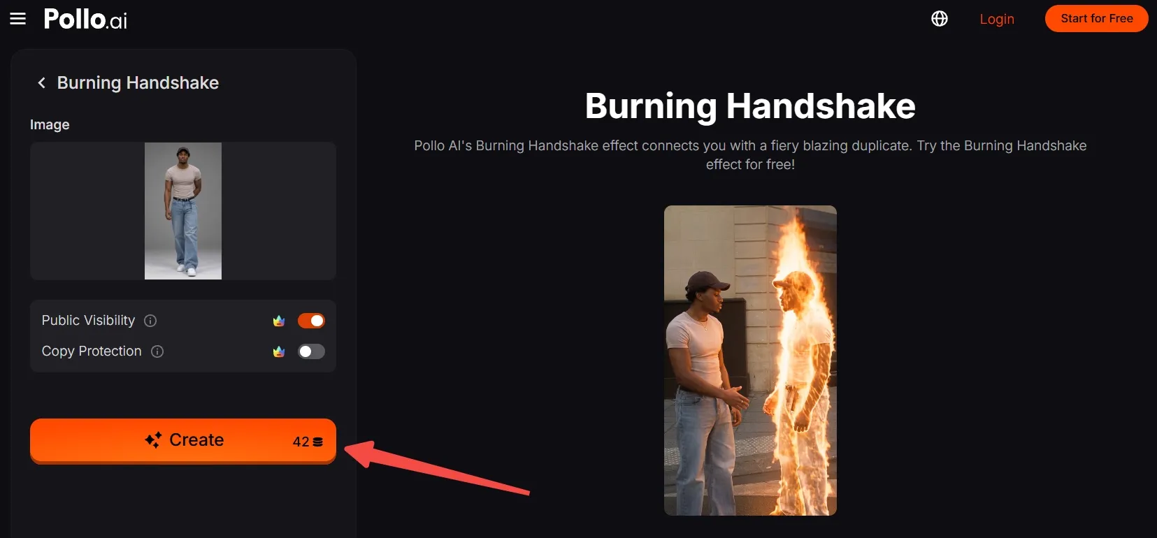 A person shakes hands with a fiery duplicate in a creative visual effect.