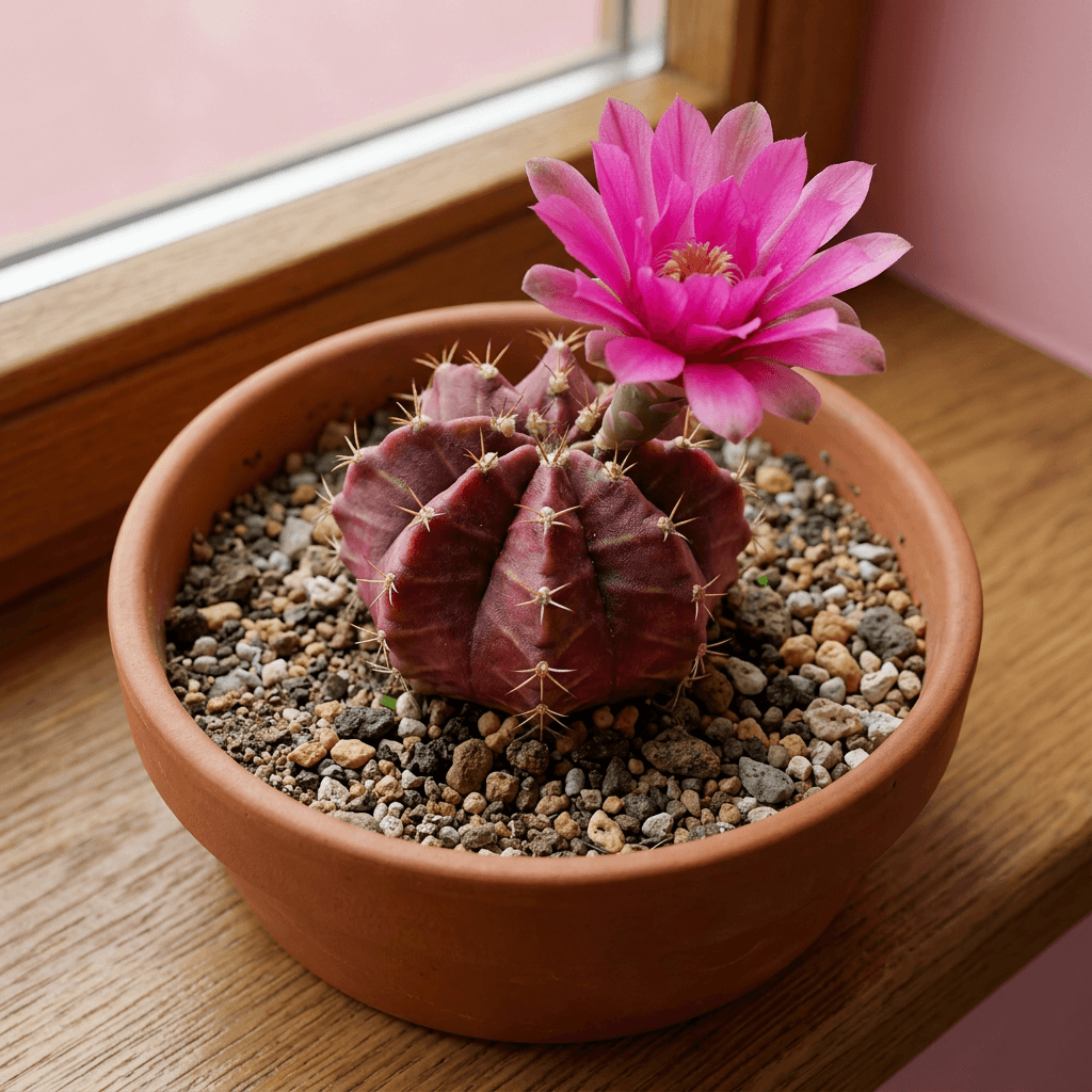 ピンク色の花を咲かせた鉢植えのサボテン