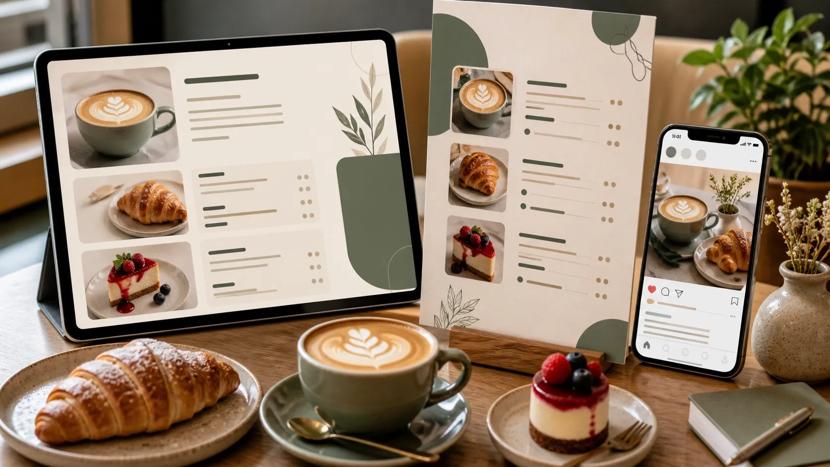 Menú de café con bebidas y postres en una mesa de madera.