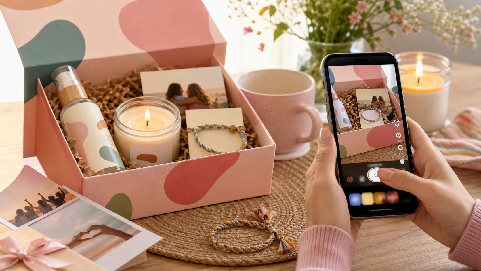 Una persona fotografía una caja de regalo con productos y una vela encendida.