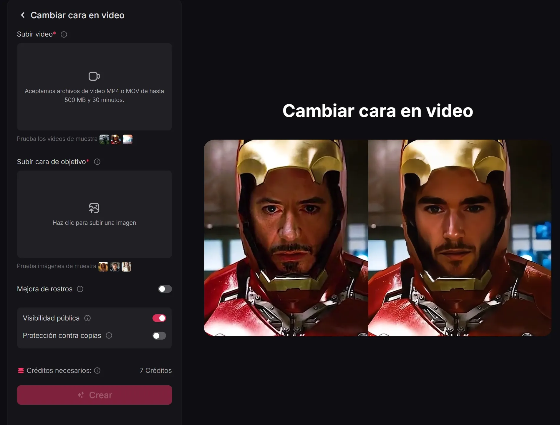 Interfaz para cambiar cara en video con dos imágenes de personajes.