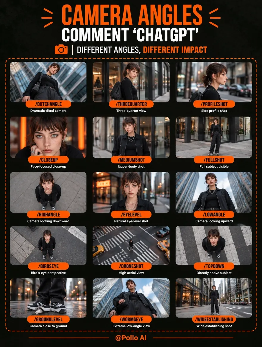 A visual guide showing various camera angles with descriptions.