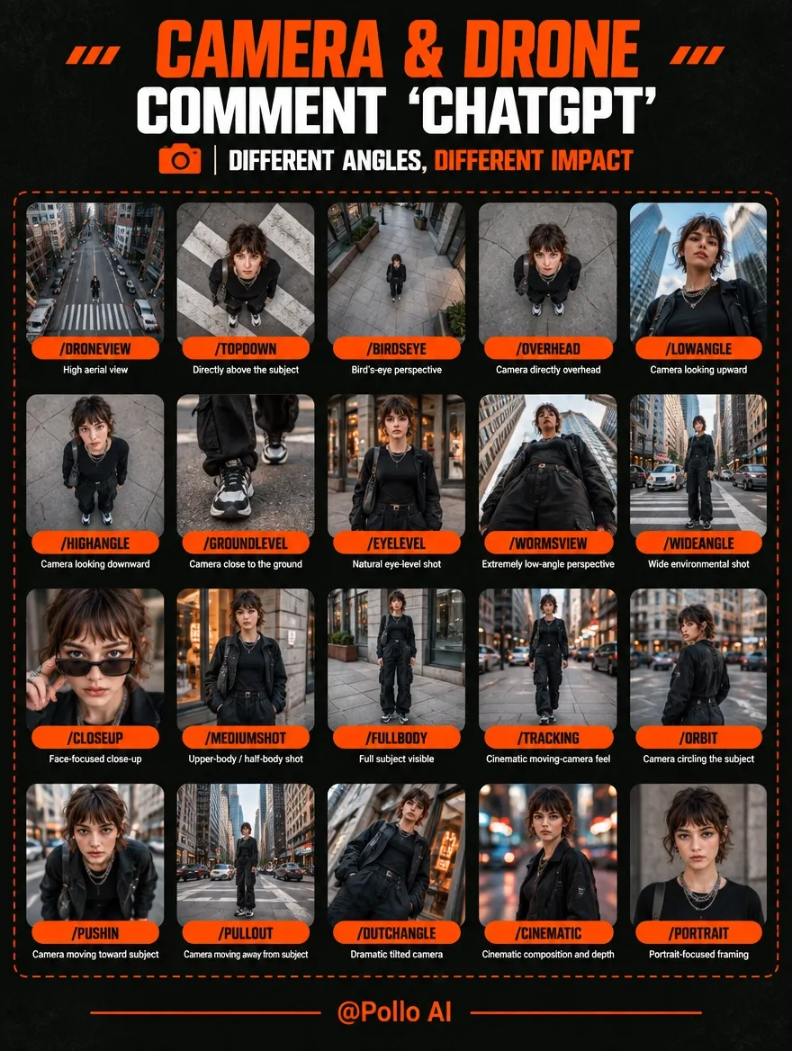 A graphic showcasing various camera angles and their descriptions.