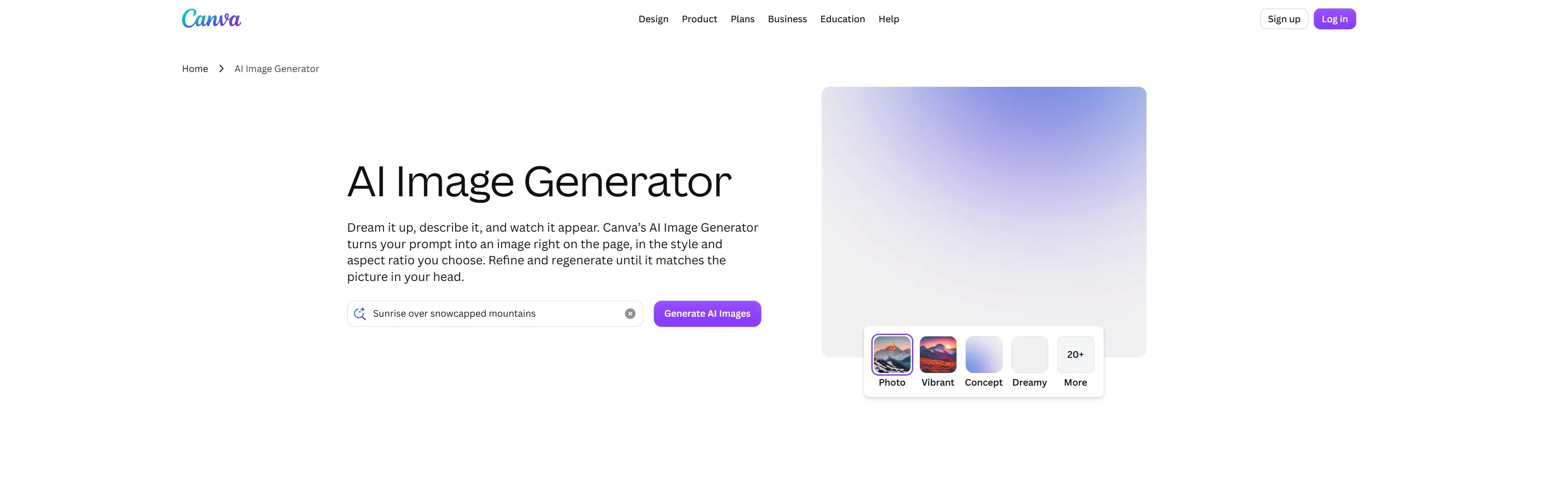 Canva's AI Image Generator interface with options to create images.