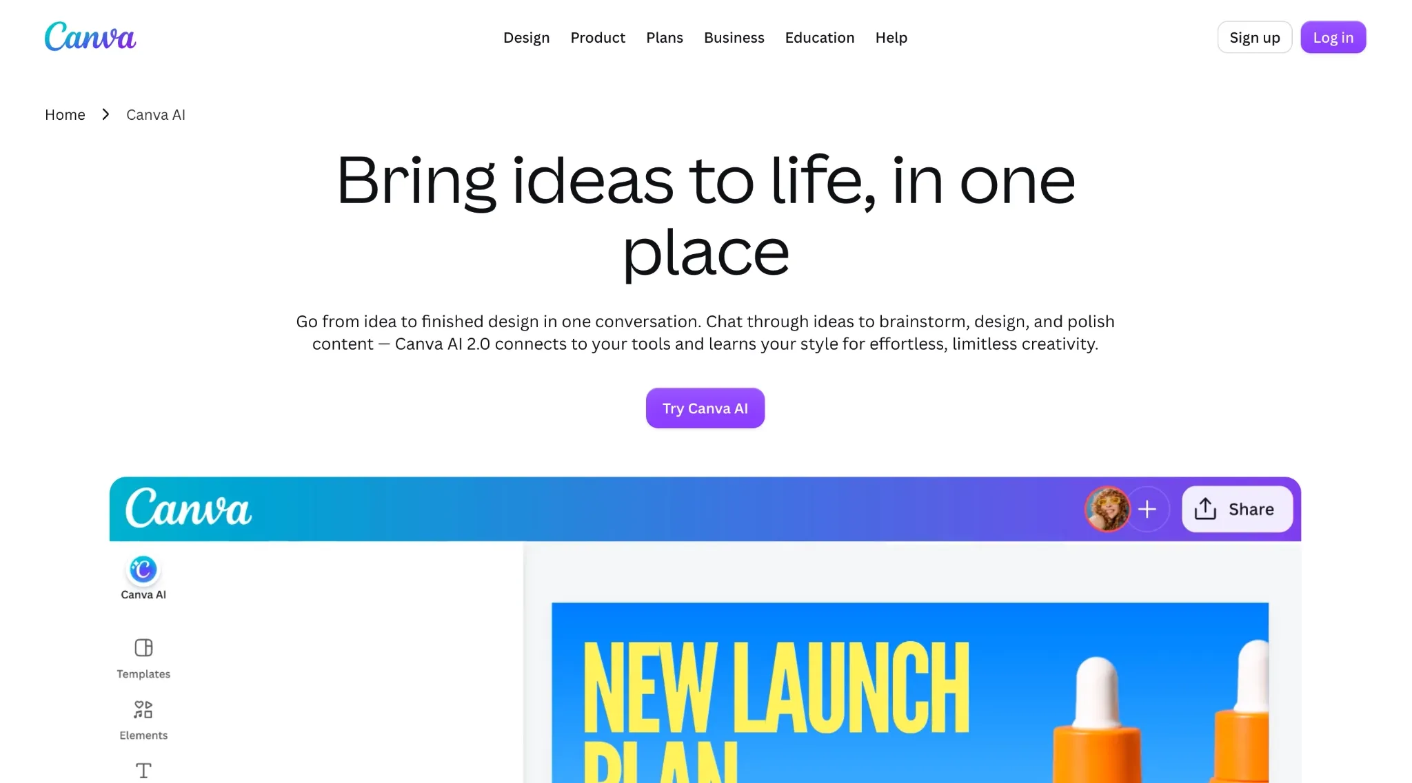 Canva AI-Landingpage zur Präsentation von Design-Tools und Funktionen.