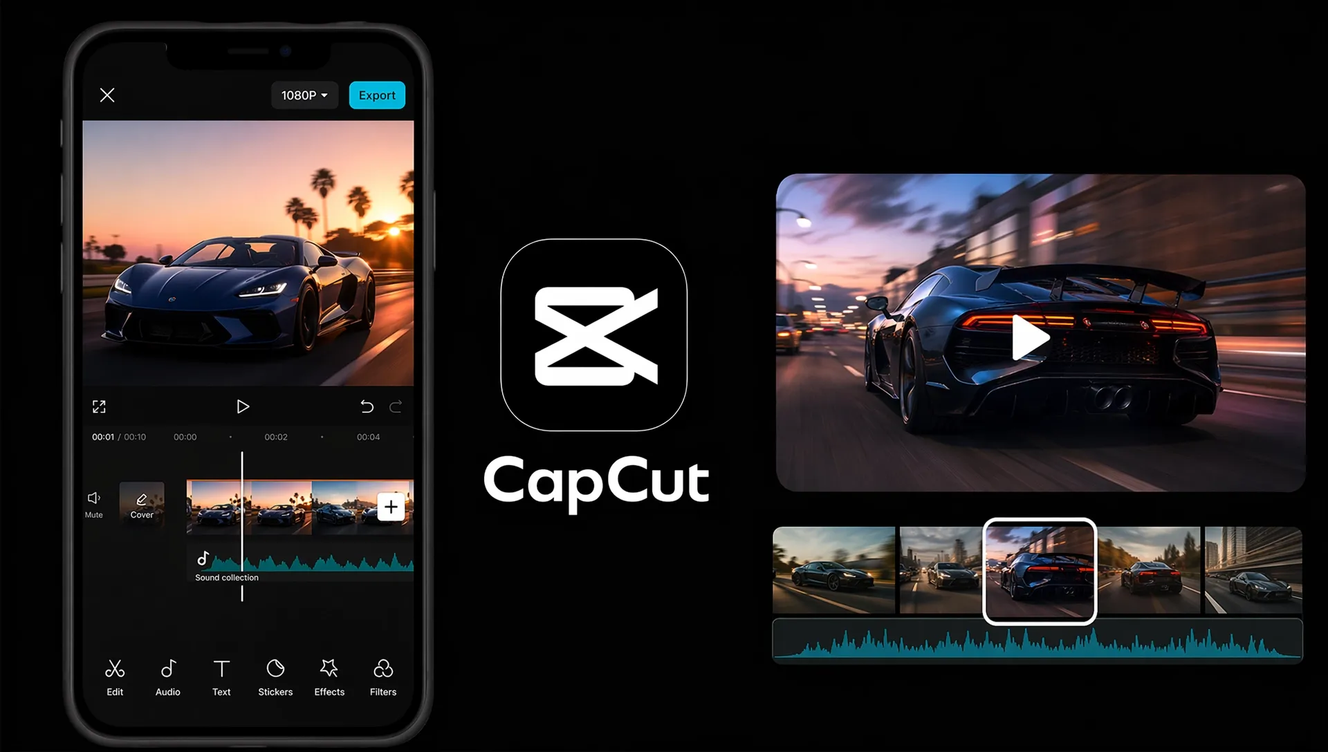 CapCutアプリで動画編集中のスマートフォンと車の映像