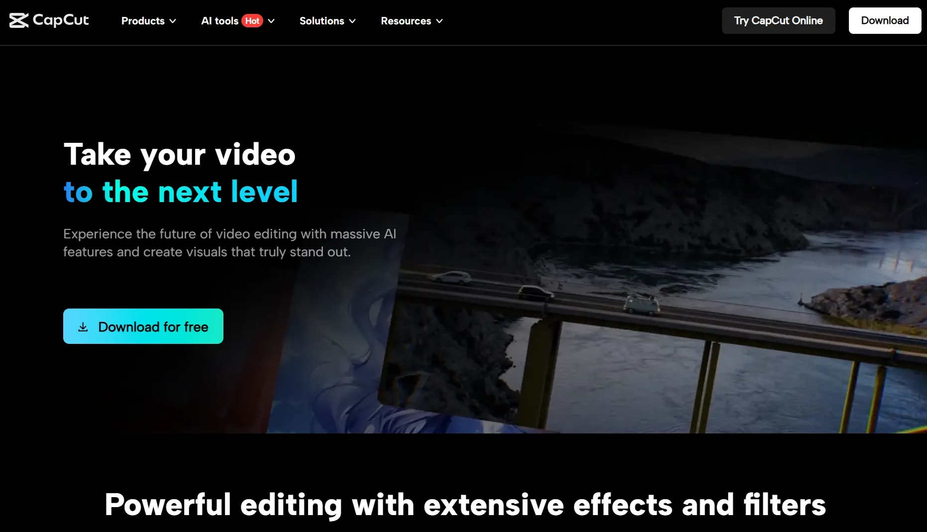 Página de inicio de CapCut que muestra las funciones de edición de vídeo con IA.