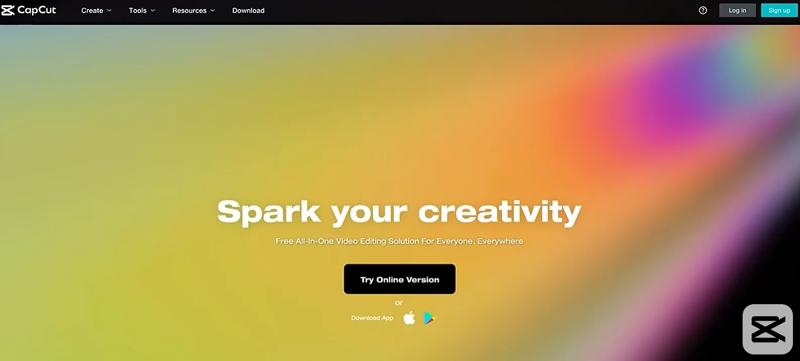 Banner de site promovendo a ferramenta de edição de vídeo CapCut com fundo colorido.