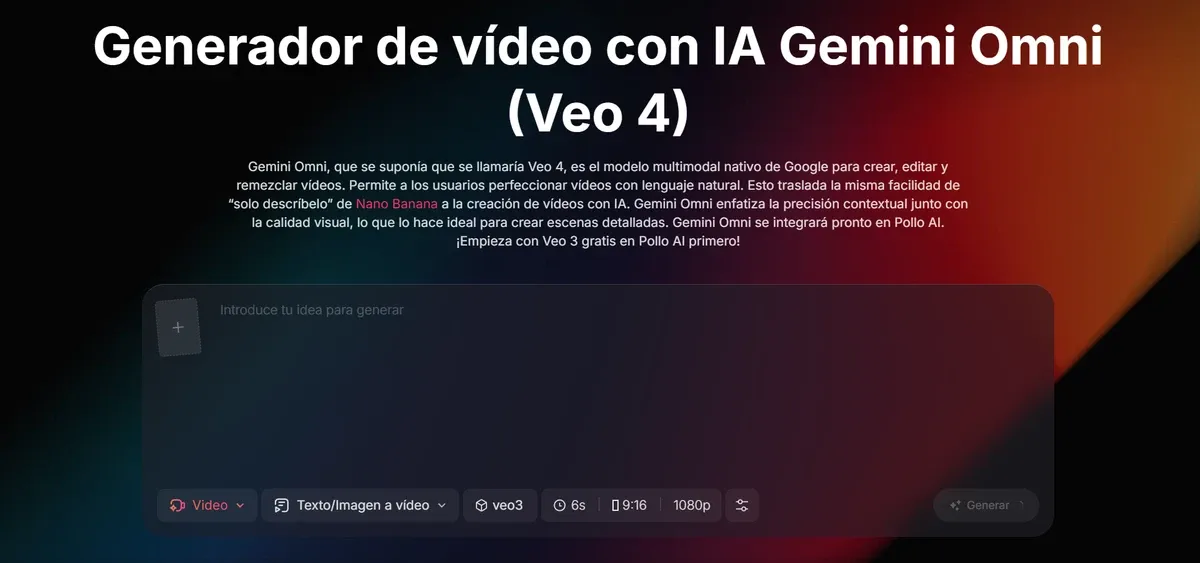 Captura de pantalla del generador de Gemini Omni en Pollo AI