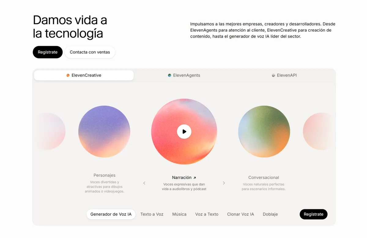 Captura de pantalla del generador de voz en off para anuncios de ElevenLabs