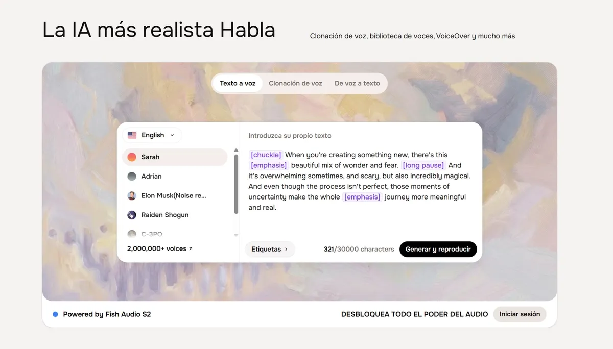 Captura de pantalla del generador de voz en off para anuncios de Fish Audio