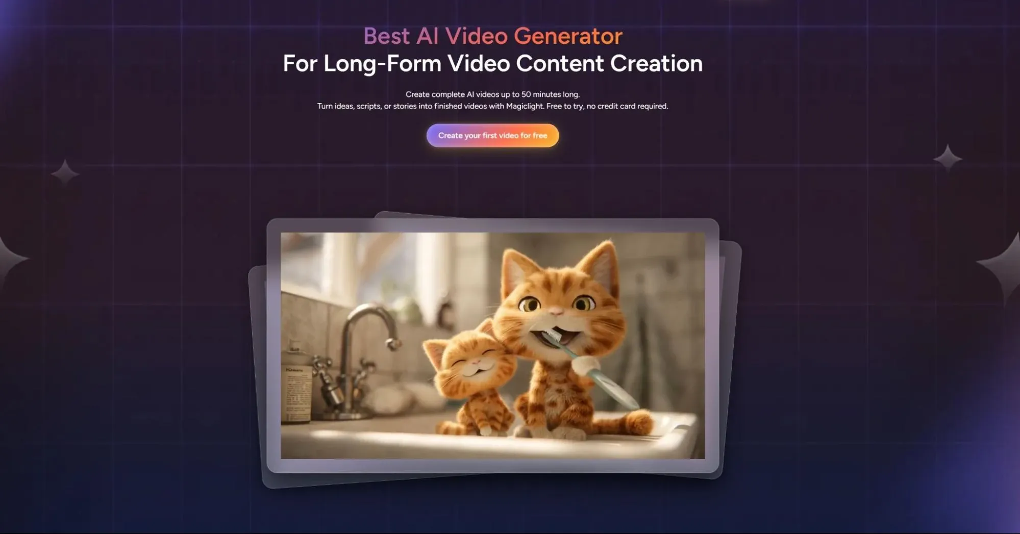 Dark purple starry webpage module, displaying cartoon orange cats brushing teeth in bathroom as AI long-form video case