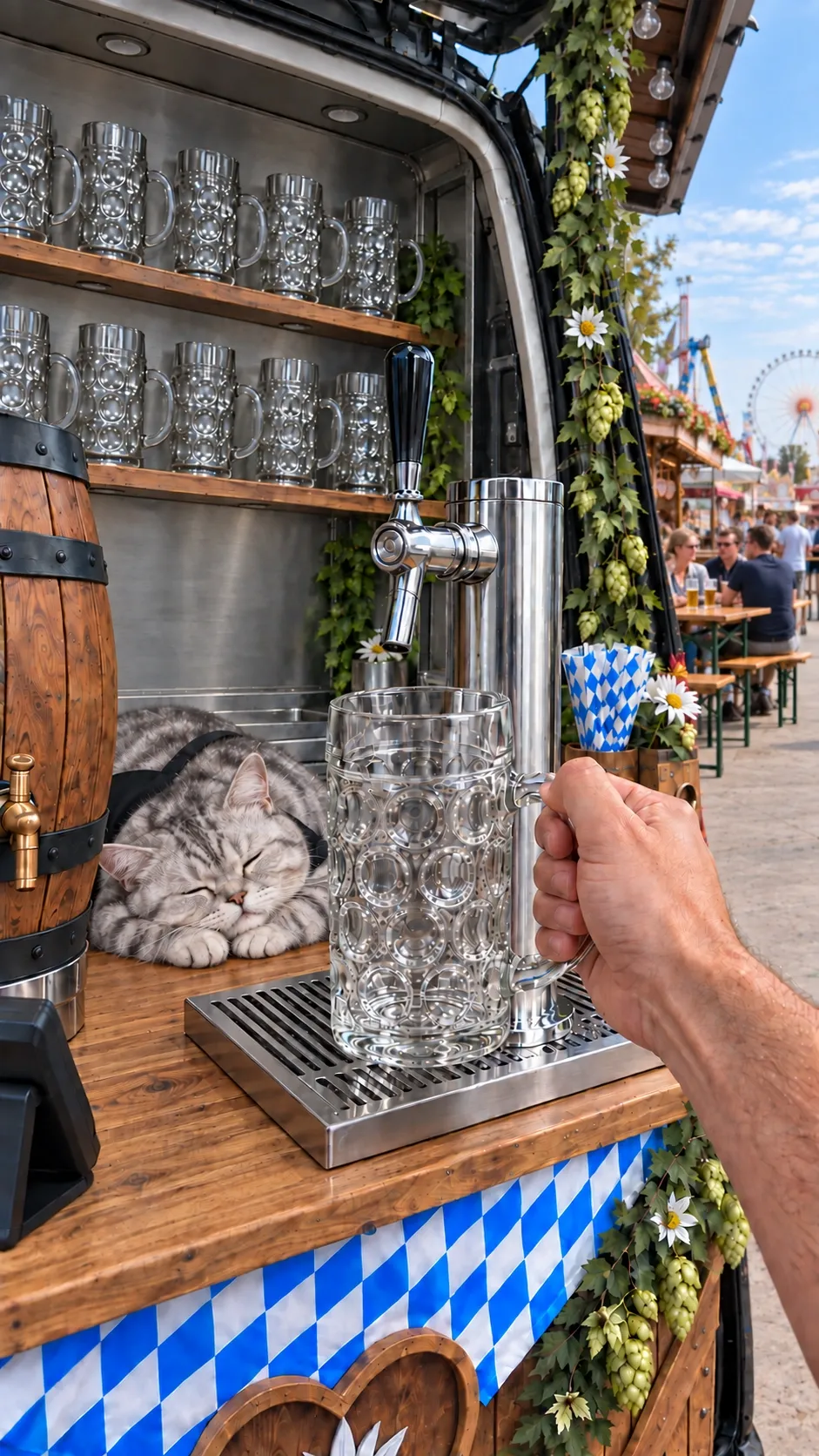 Eine schlafende Katze neben einem Bierkrug und einem Zapfhahn.
