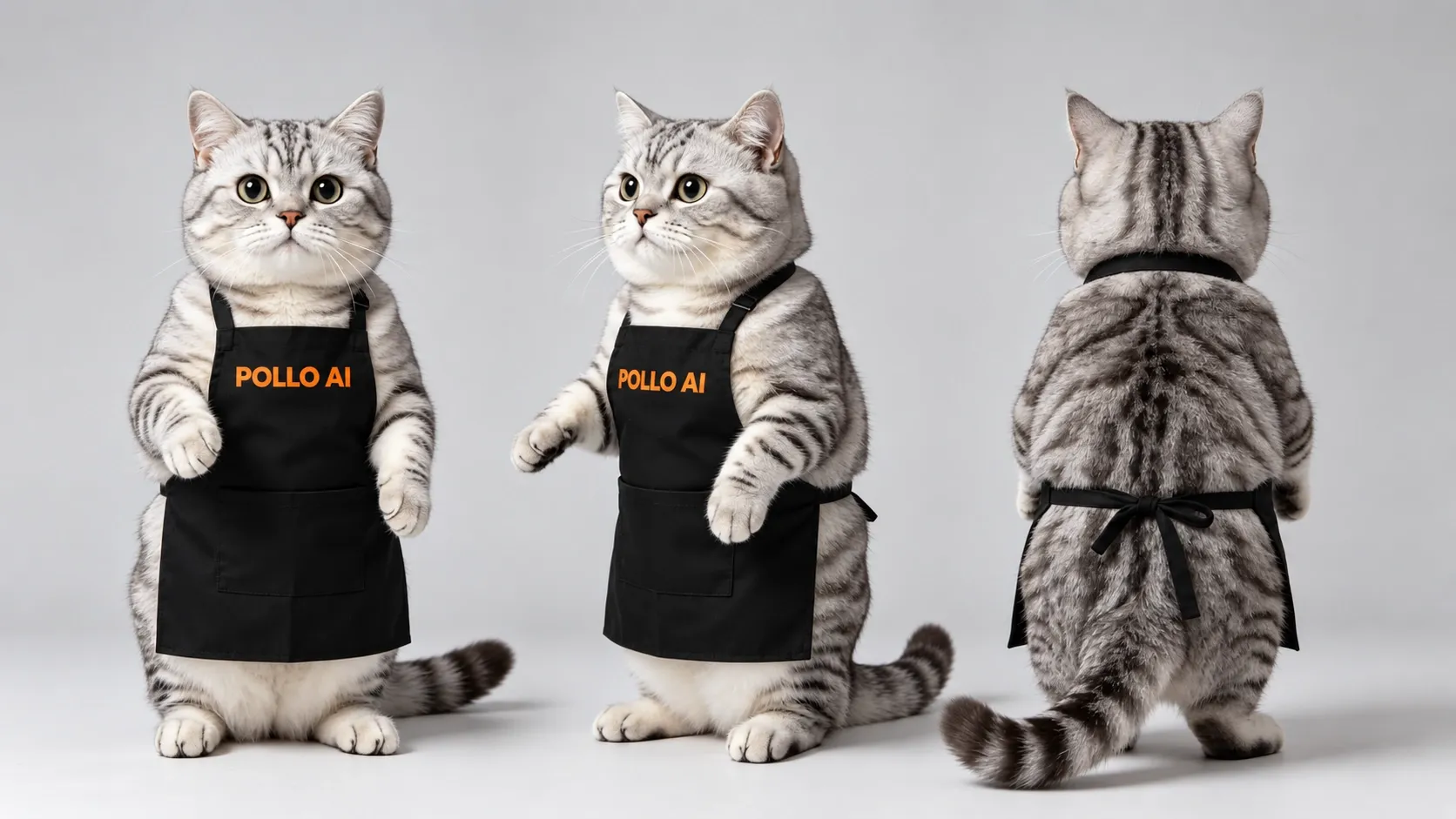 Eine Katze in einer schwarzen Schürze mit dem Aufdruck 'POLLO AI' steht aufrecht.