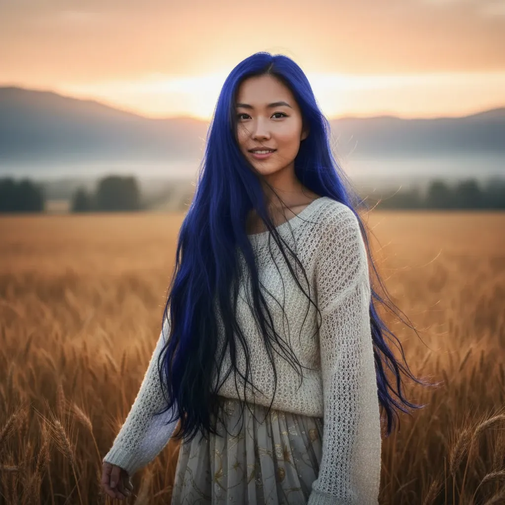 Une femme souriante aux longs cheveux bleus debout dans un champ de blé au coucher du soleil