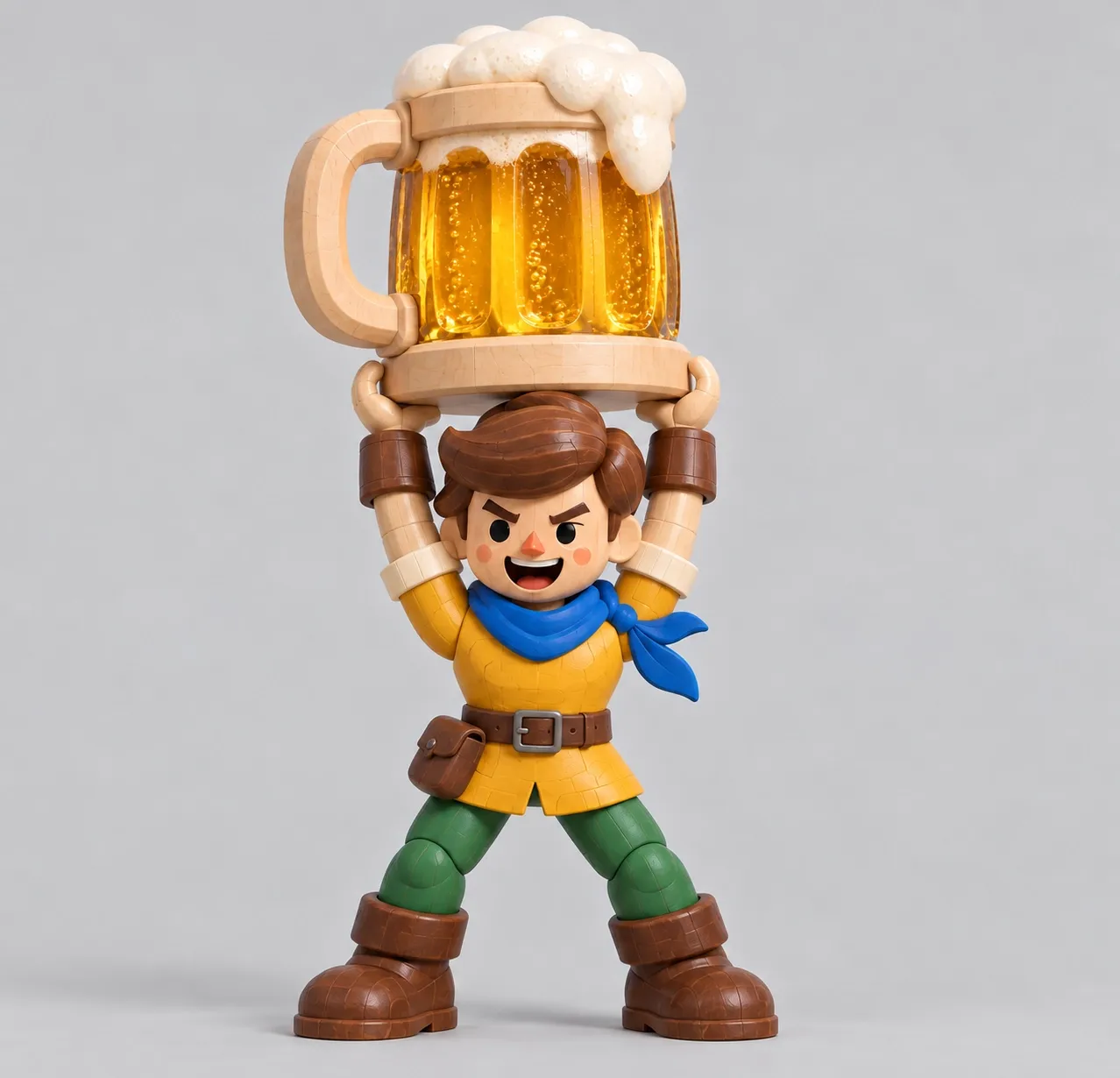 Ein fröhlicher Charakter hält ein großes Bierglas über seinem Kopf.