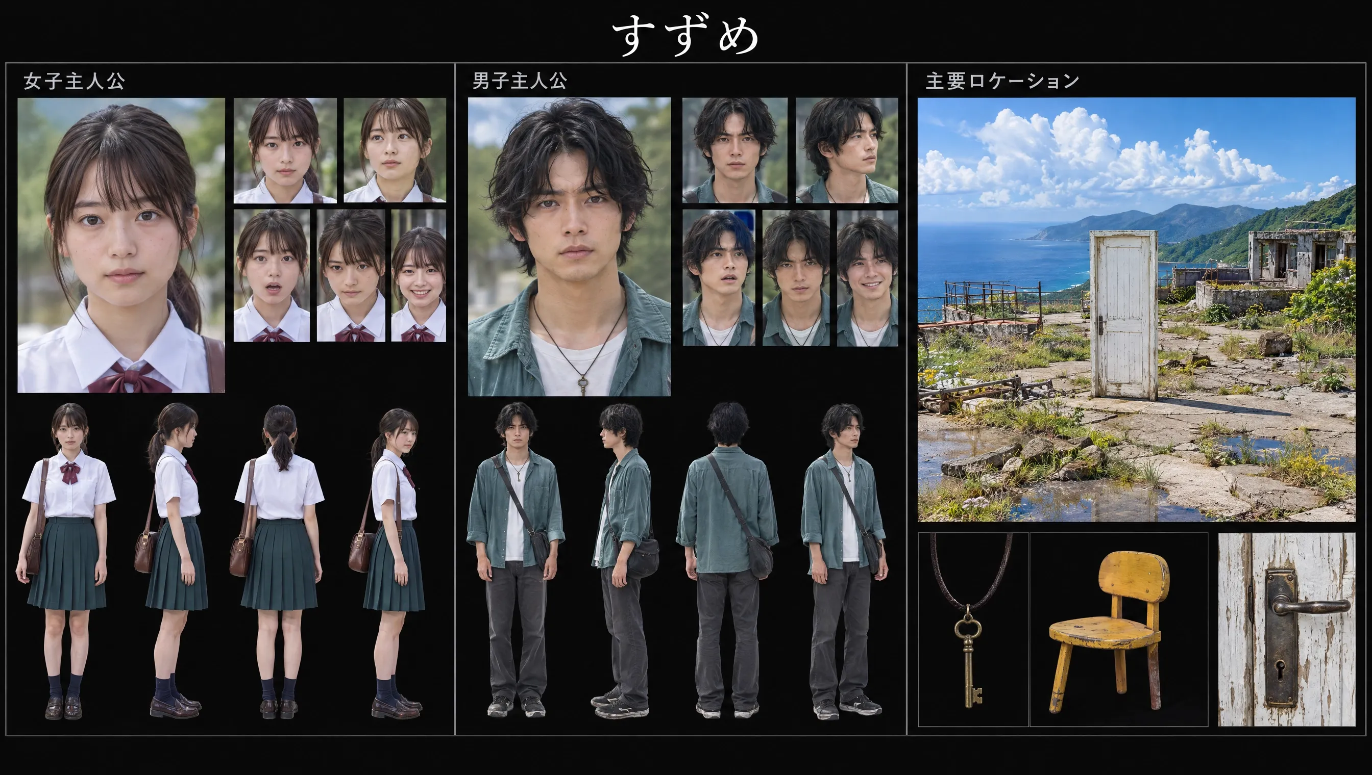 Two characters in various poses and expressions with a scenic location and objects.