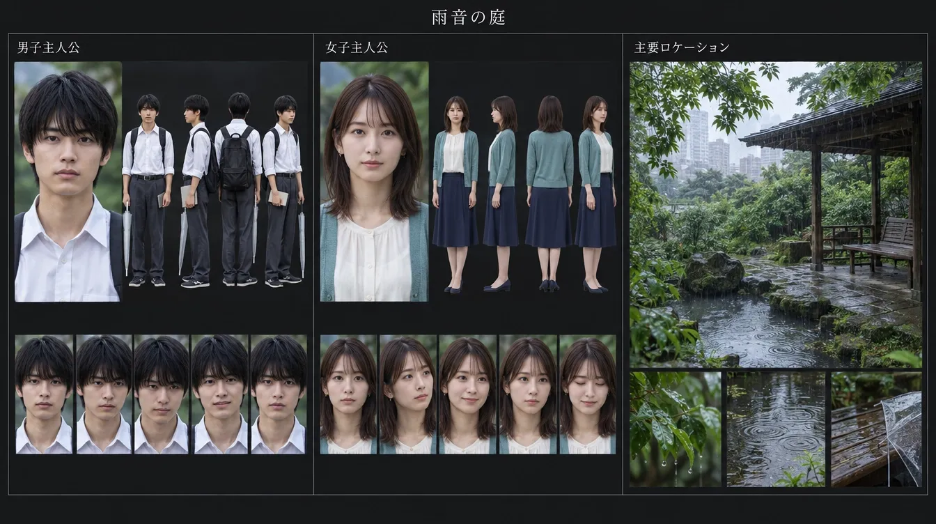 Two characters in various poses with a rainy garden backdrop.