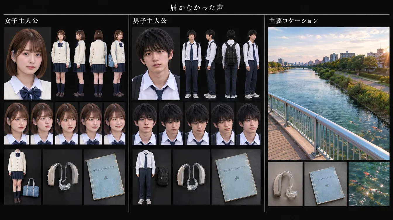 Two characters in school uniforms with accessories and a scenic riverside view.