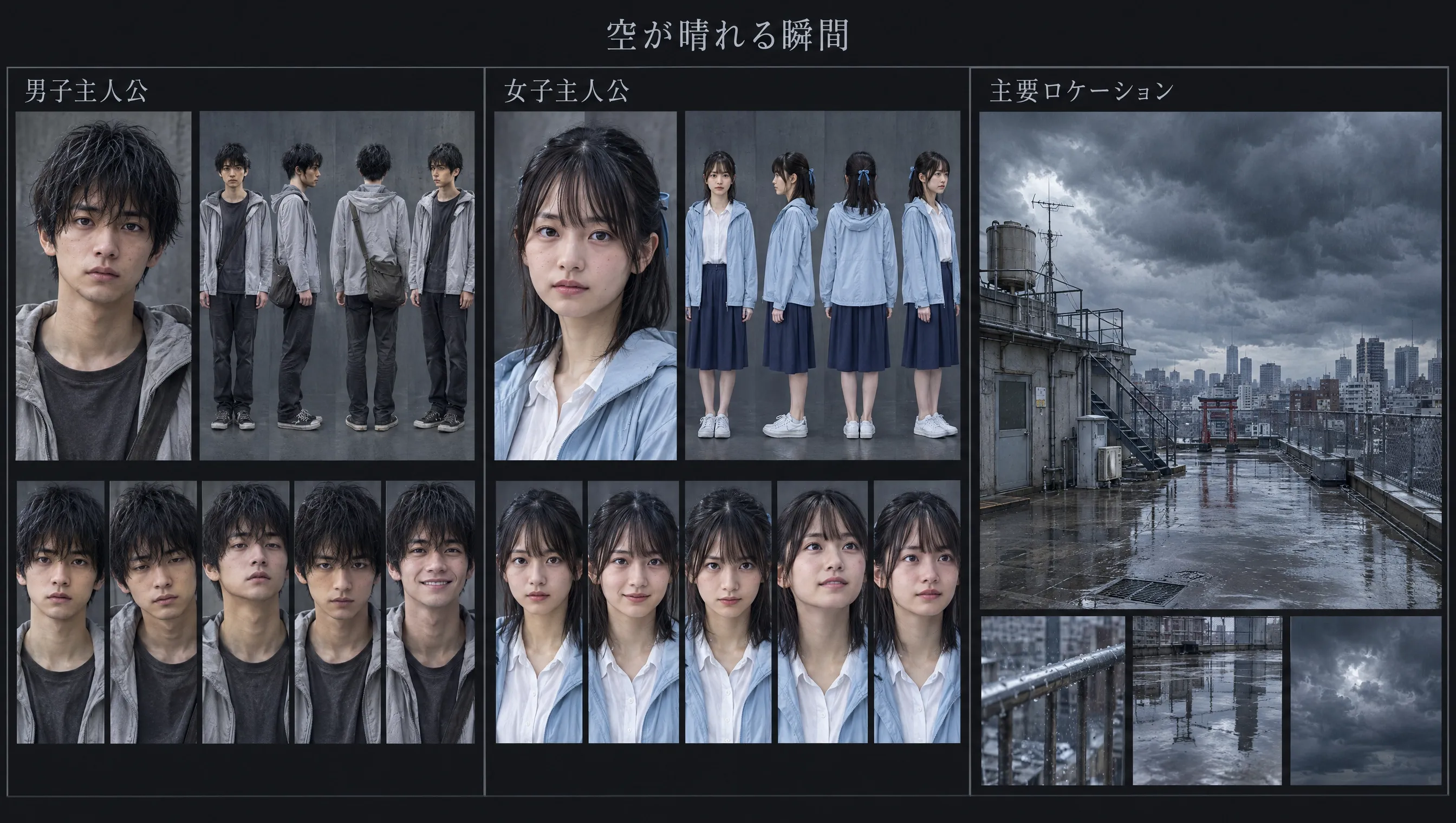 Two characters in a drama with a rooftop cityscape backdrop and cloudy skies.