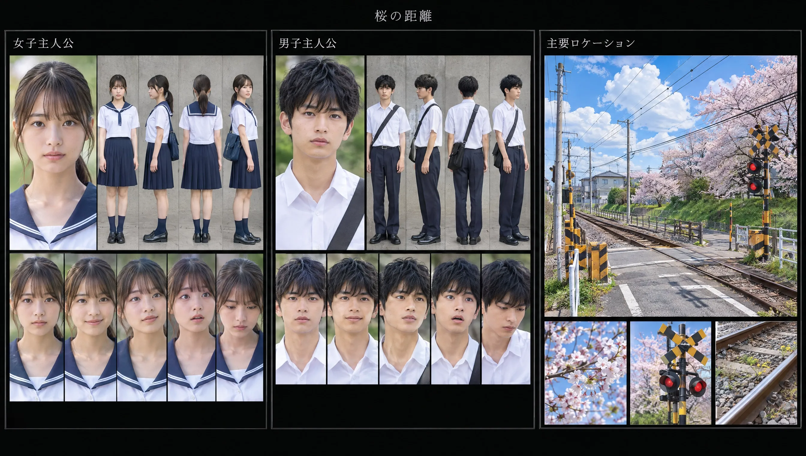 Two characters in school uniforms and scenic railway with cherry blossoms.