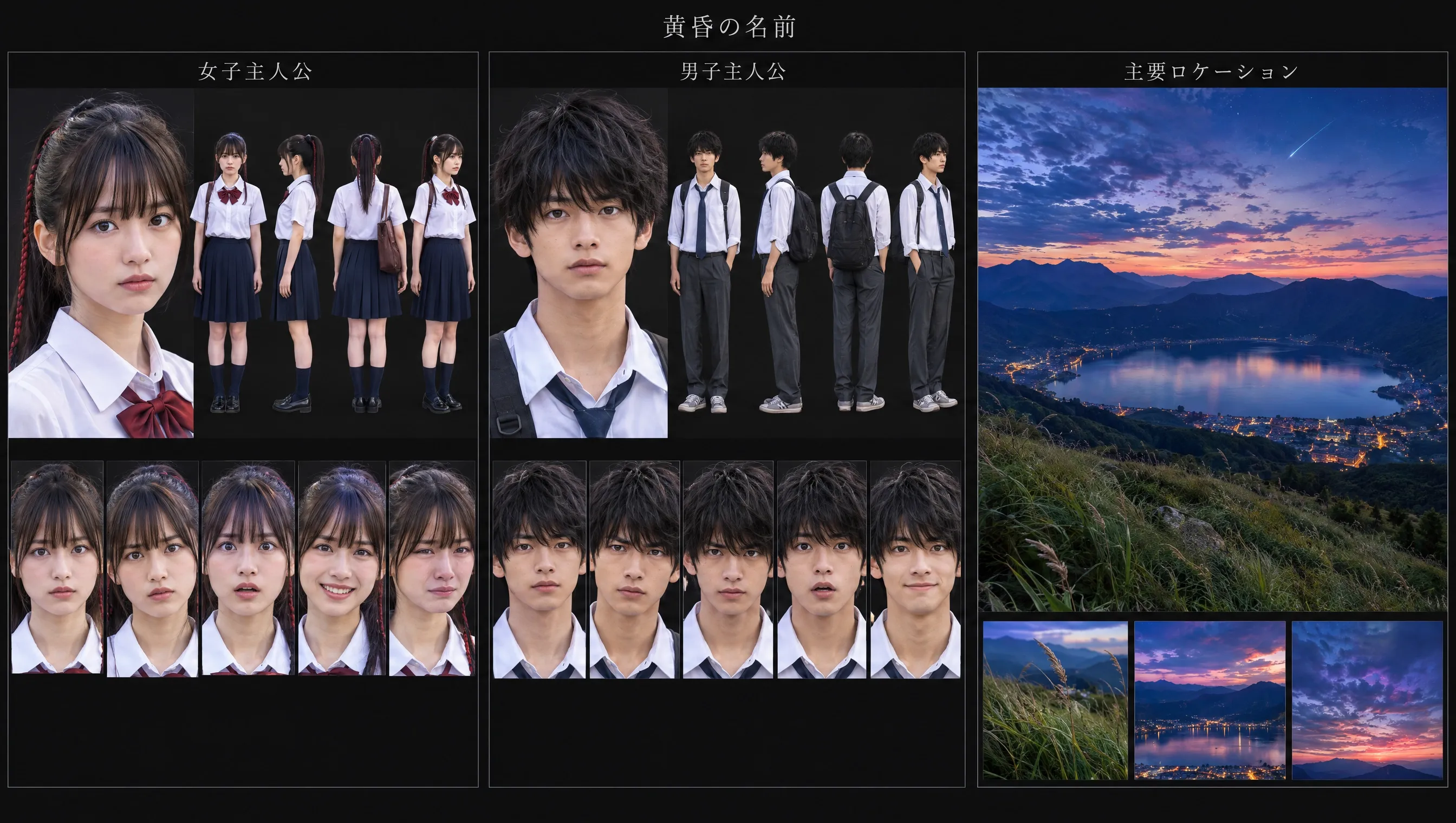 Two characters in school uniforms with various expressions and a scenic sunset view.