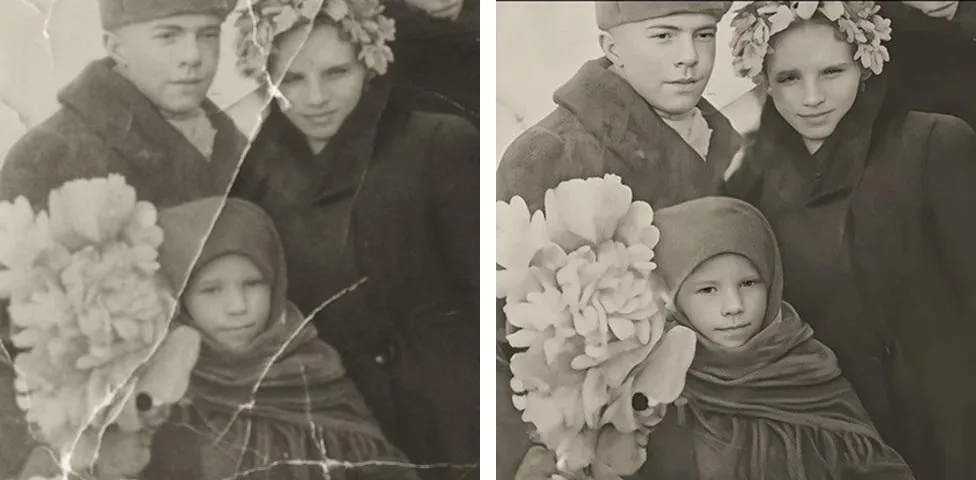 Comparaison avant/après de la restauration de photos anciennes Artguru avec fissures réparées.