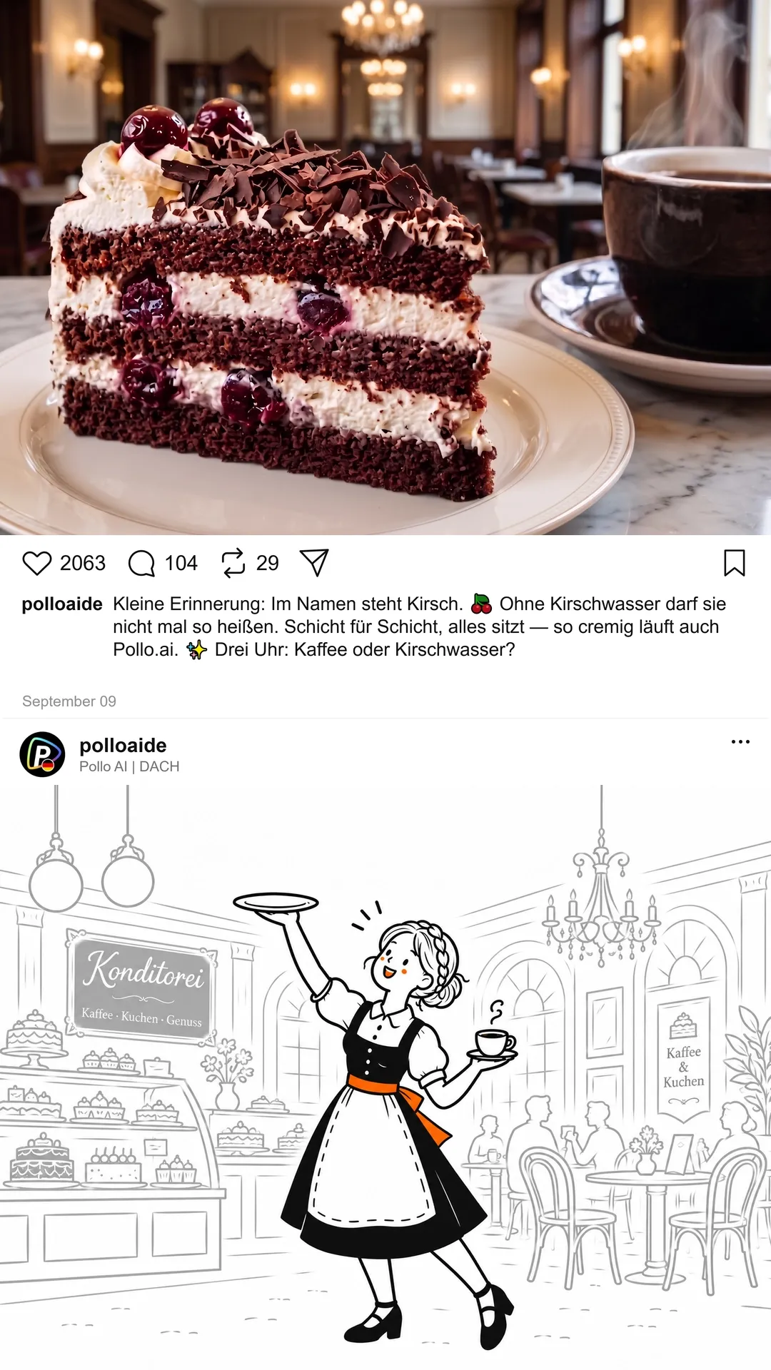 Ein Stück Schokoladenkuchen mit Kirschen und Sahne neben einer Tasse Kaffee.