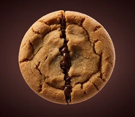 Un biscuit aux pépites de chocolat coupé en deux, révélant du chocolat fondu à l'intérieur.