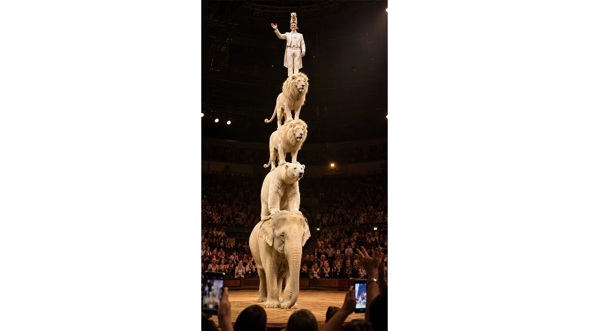A circus performer stands atop a stack of animals including lions and a polar bear.