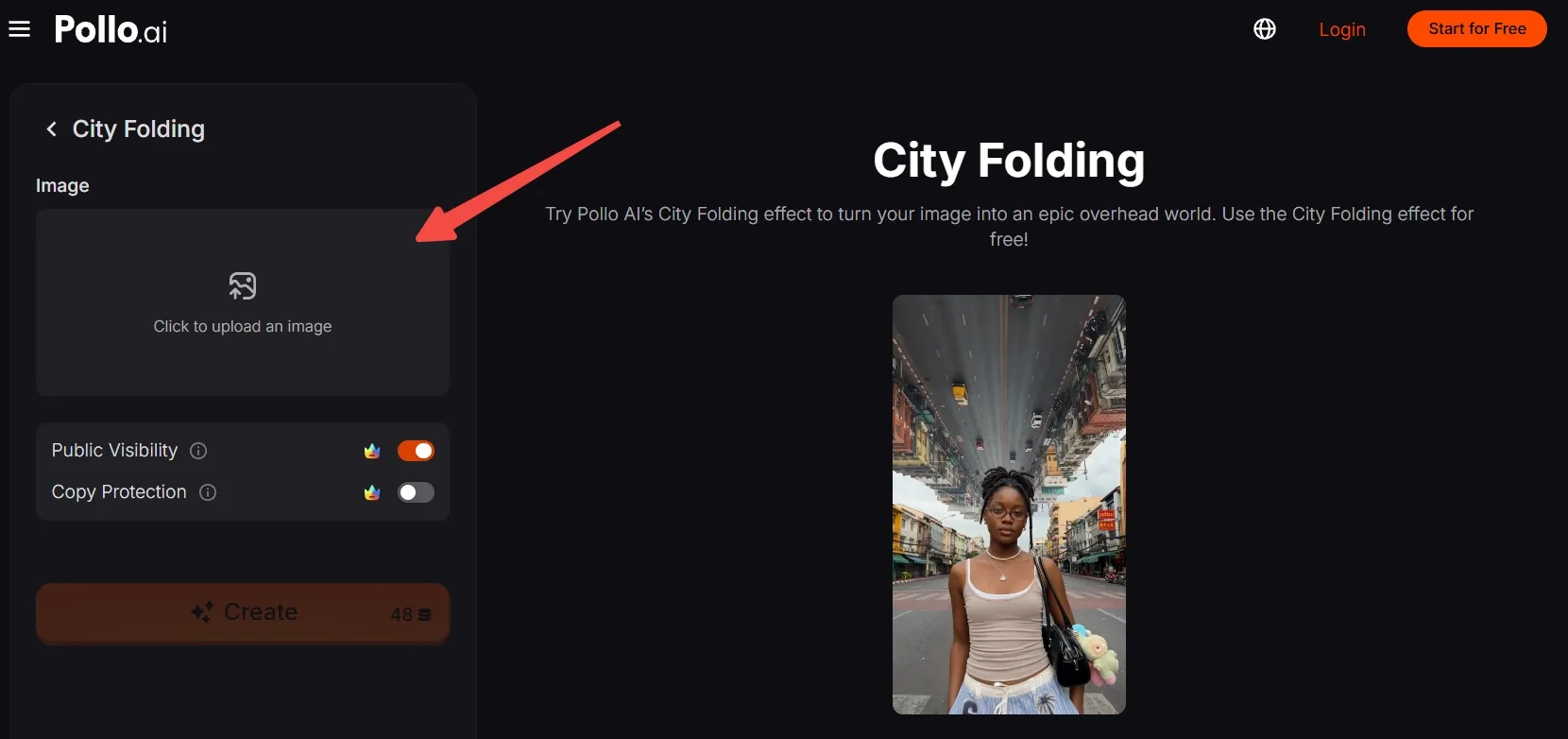 Interface for uploading an image with a city folding effect preview.