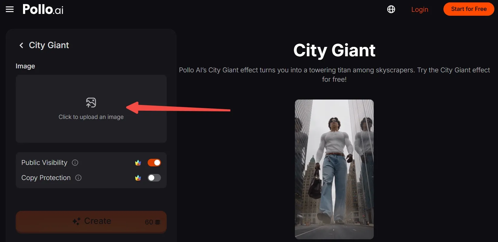 Interface for uploading an image to the City Giant effect on Pollo.ai.