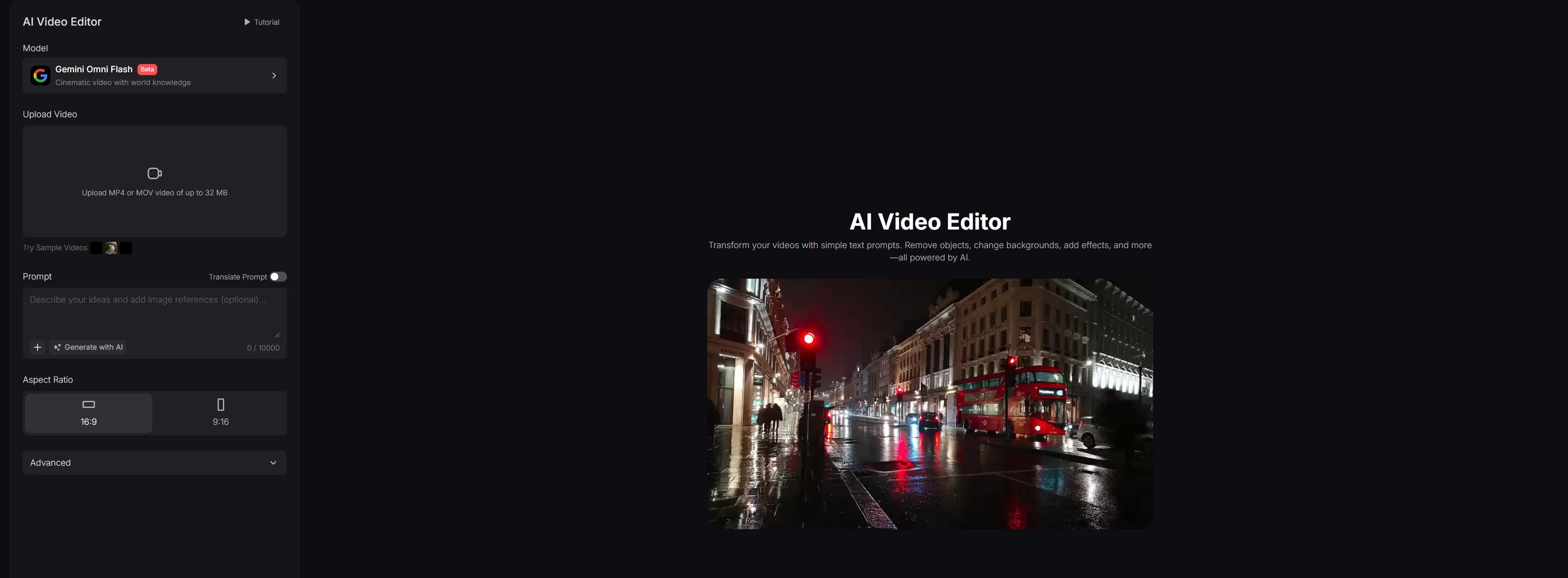 A city street at night with reflections on wet pavement and a red double-decker bus.