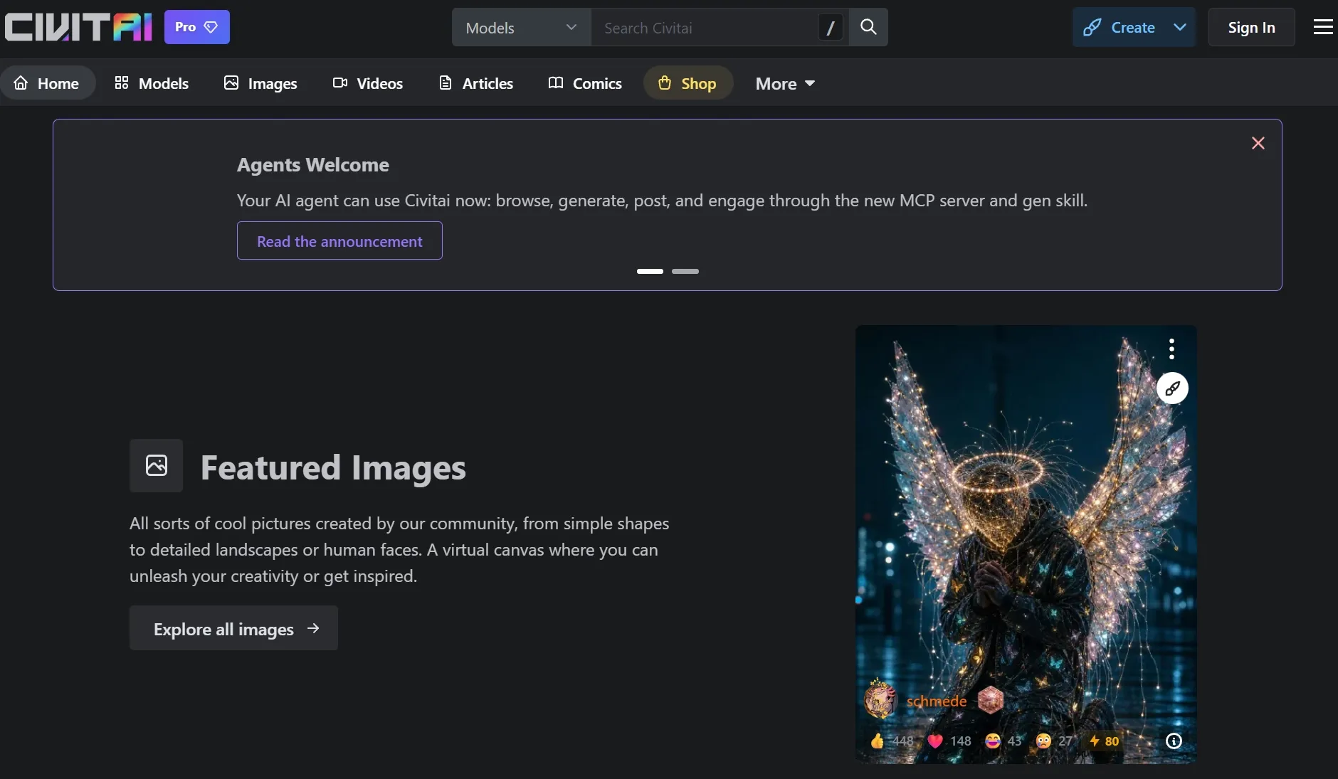 La homepage di Civitai presenta immagini di IA della community e opzioni di navigazione dei modelli.