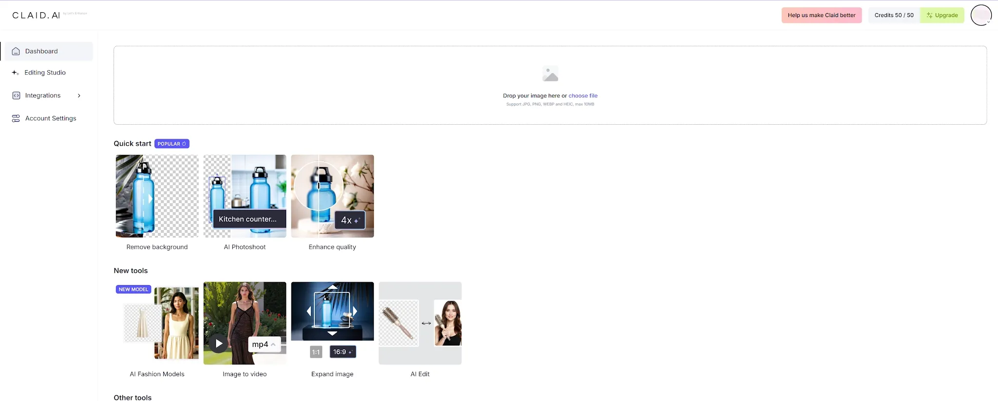 Gebruikersinterface van het Claid.AI-dashboard met diverse bewerkingshulpmiddelen.