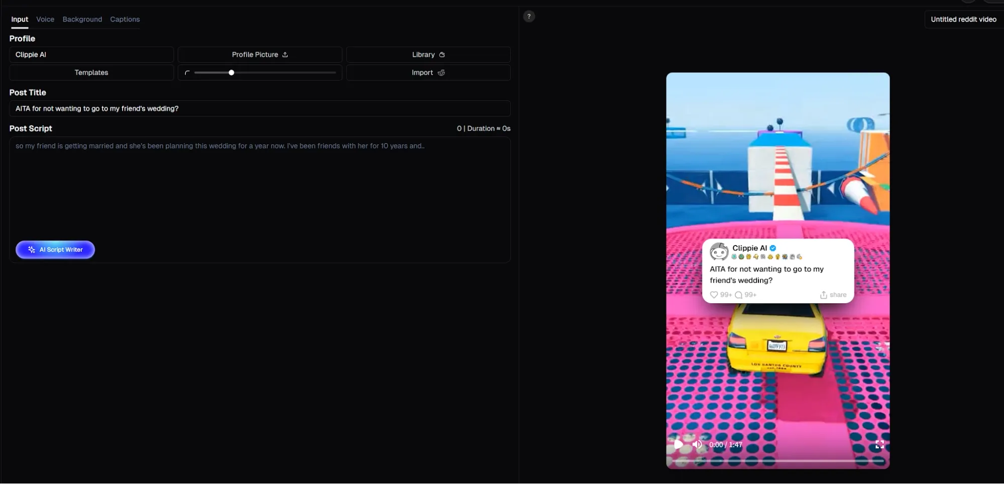 Clippie AI Reddit 影片編輯器介面