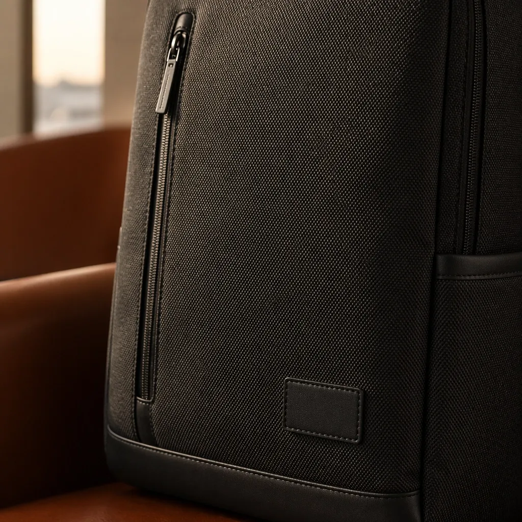 Close-up of a black backpack with a zipper and textured fabric.